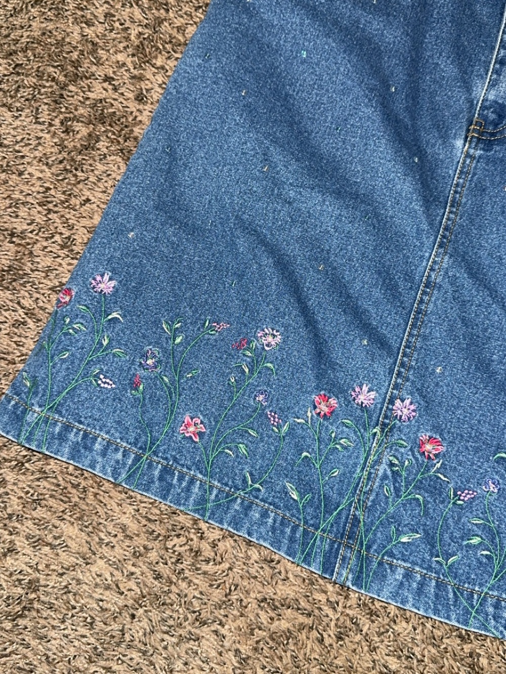 Tommy Hilfiger Blue Denim A-Line Skirt with Pink & Purple Floral Embroidery - Picture 2 of 3